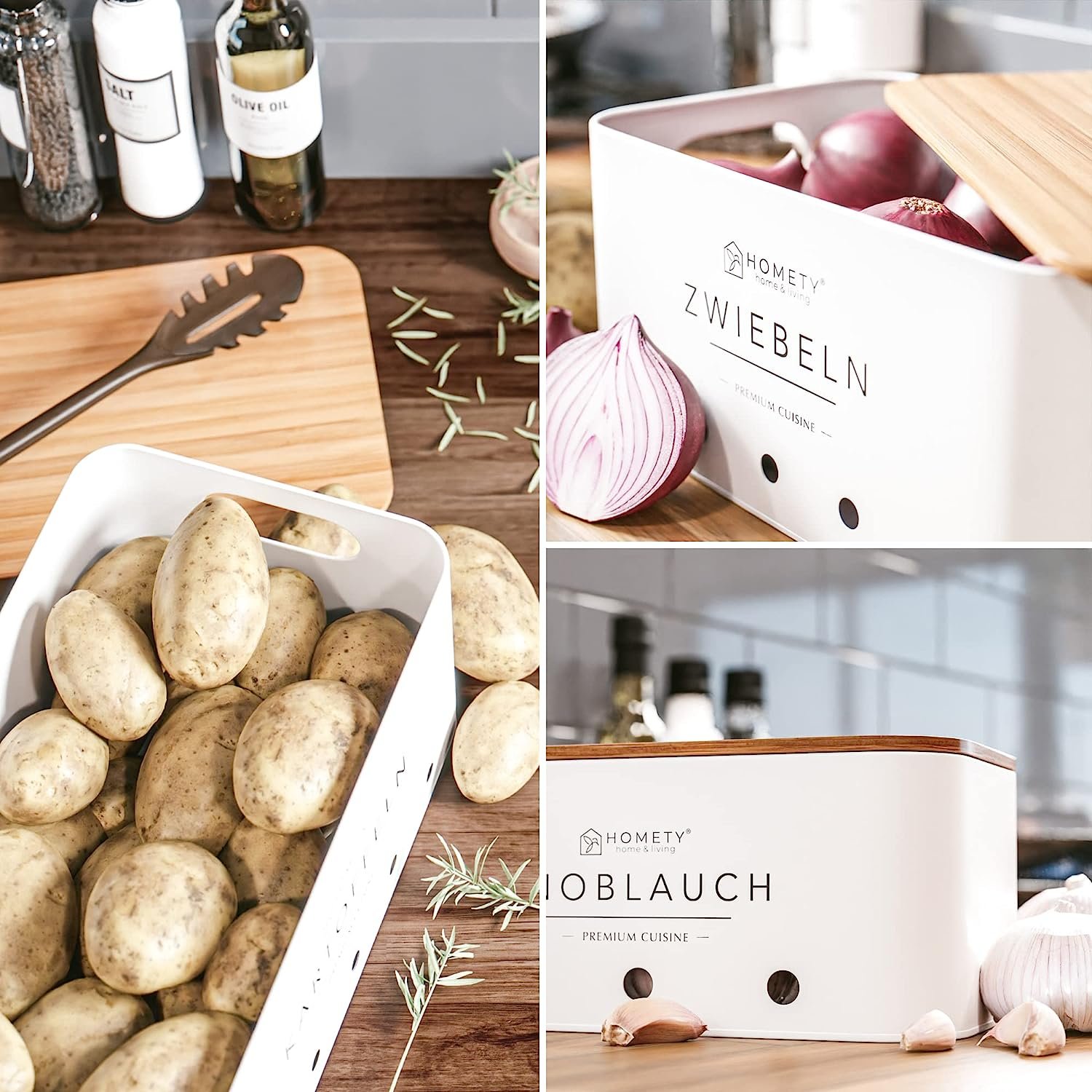 Square Rectangular Side Hole Handles Bamboo Lid Potato Onion Garlic Storage Box Set of 3