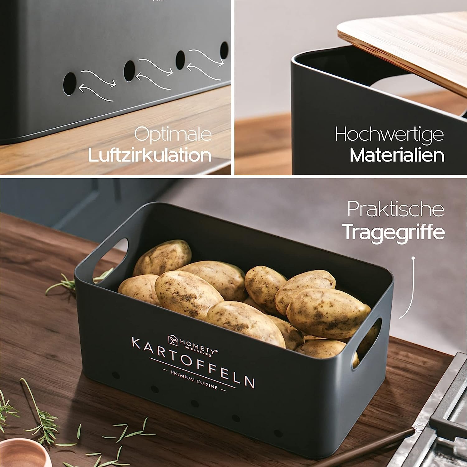 Square Rectangular Side Hole Handles Bamboo Lid Potato Onion Garlic Storage Box Set of 3