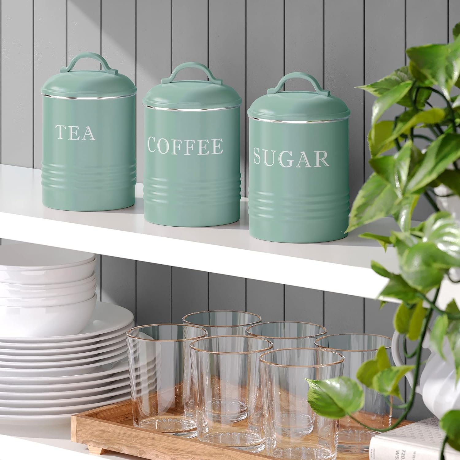 Kitchen Canister Set of 3 Sugar Coffee Tea with lids Food Storage