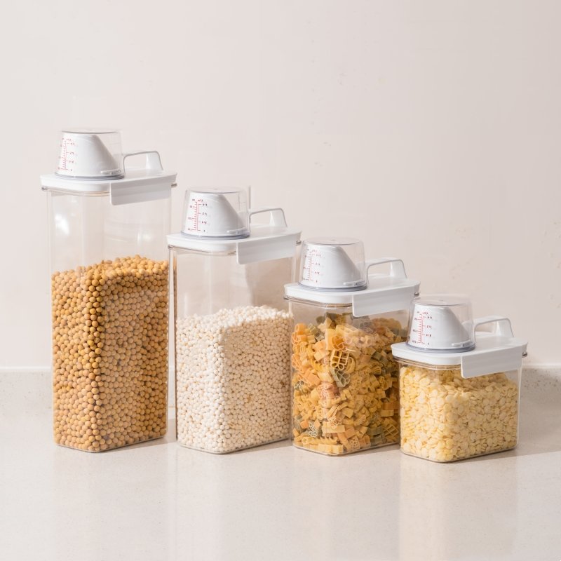 Newest Plastic Durable Kitchen Pantry Organizers Airtight Dry Food Rice Storage Box Container with Measuring Cup and Pour Spout