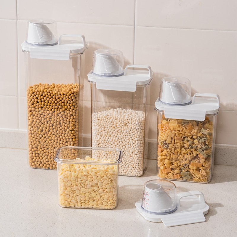 Newest Plastic Durable Kitchen Pantry Organizers Airtight Dry Food Rice Storage Box Container with Measuring Cup and Pour Spout