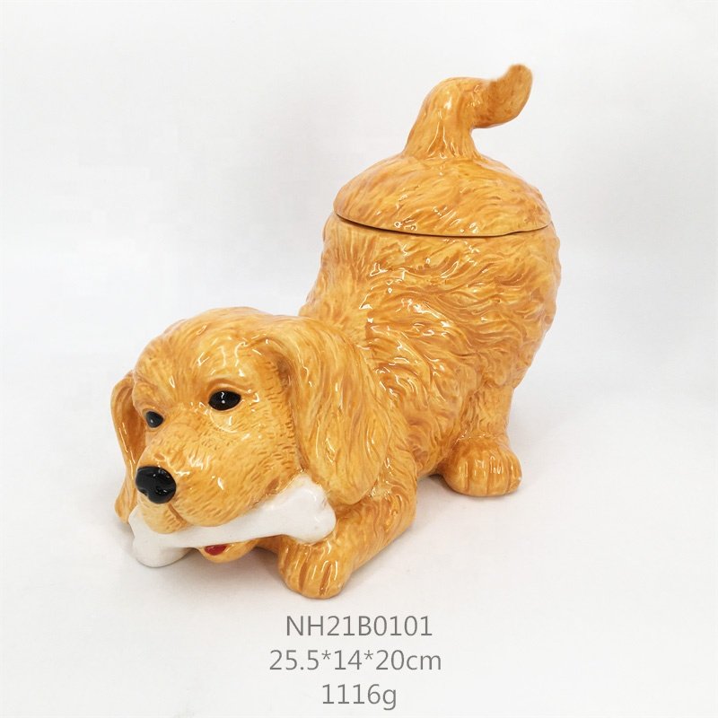 Custom cute dog shaped pet food storage container wholesale canister ceramic dog treat jar