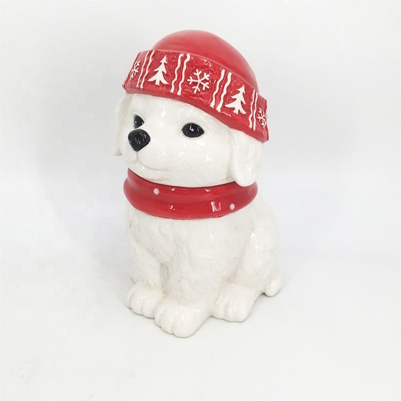 Custom cute dog shaped pet food storage container wholesale canister ceramic dog treat jar
