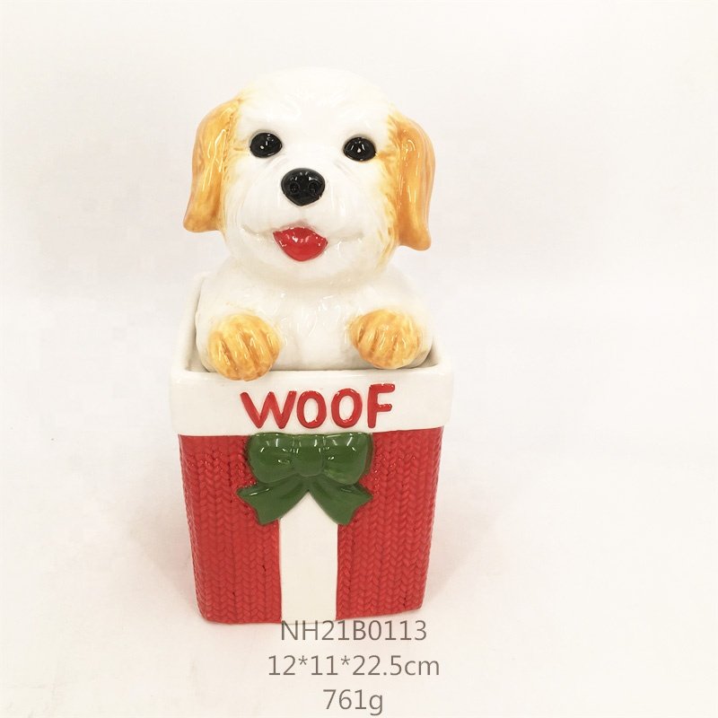 Custom cute dog shaped pet food storage container wholesale canister ceramic dog treat jar