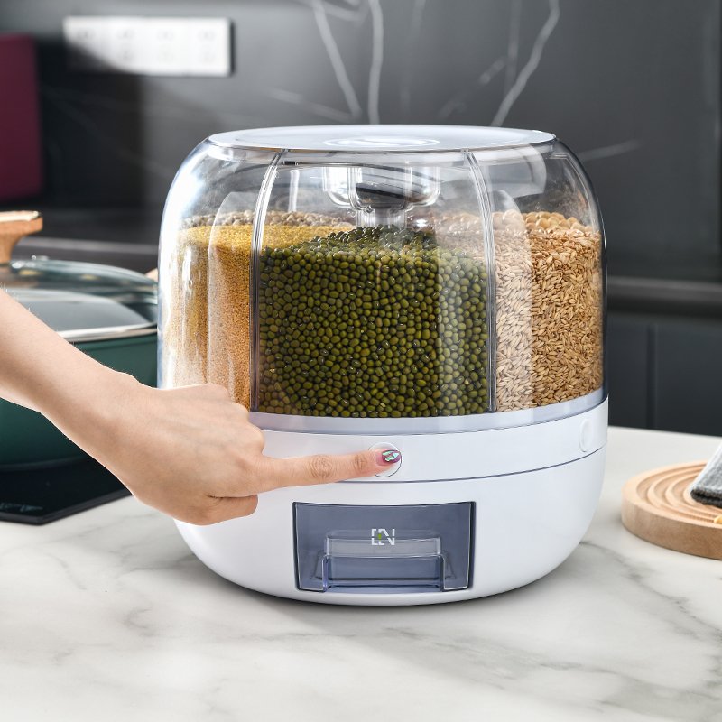 360 degree rotating Kitchen Plastic food storage container Sealed Rice dispenser