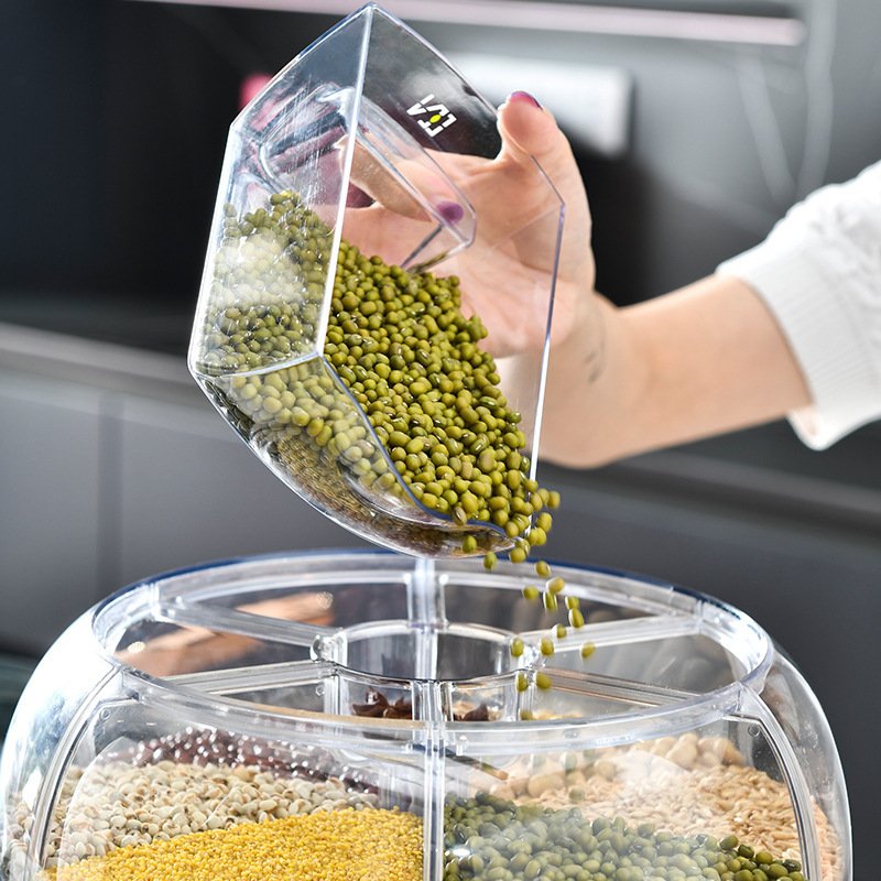 360 degree rotating Kitchen Plastic food storage container Sealed Rice dispenser