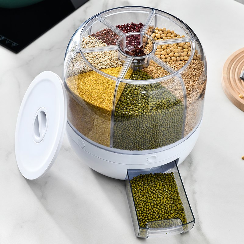 360 degree rotating Kitchen Plastic food storage container Sealed Rice dispenser