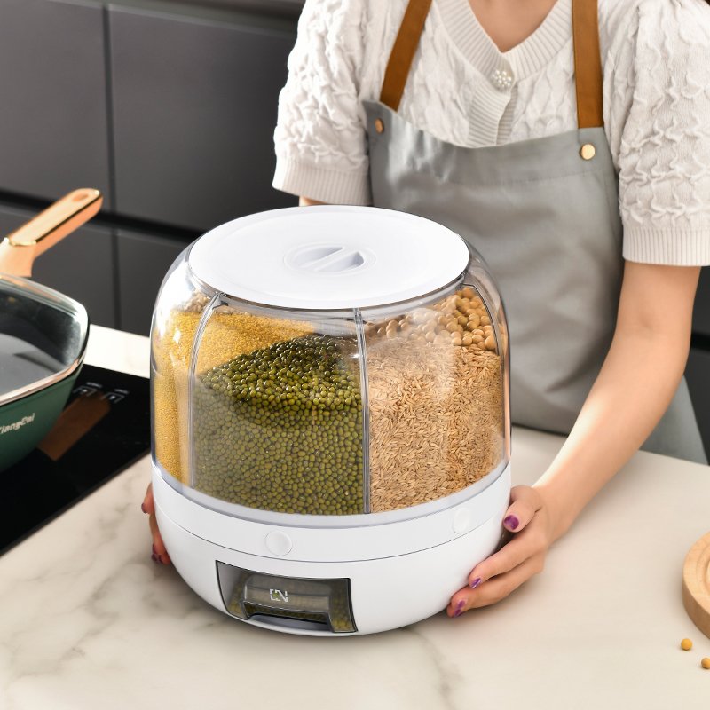 360 degree rotating Kitchen Plastic food storage container Sealed Rice dispenser