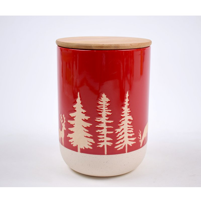 Wholesale Christmas Decoration Biscuits Canisters Ceramic LFGB Food Grade Retro Xmas Food Storage Jar With Bamboo Lid