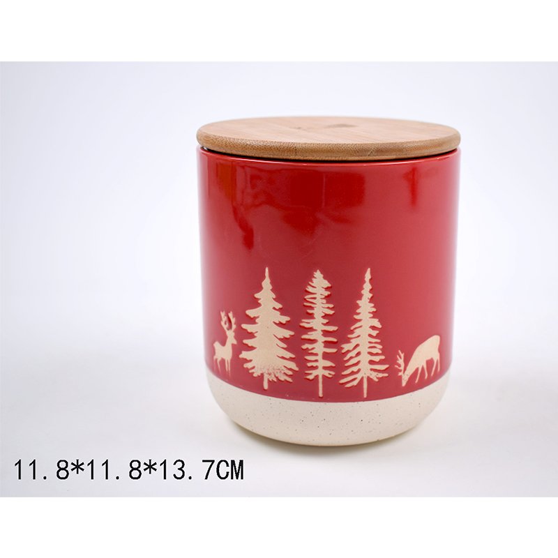 Wholesale Christmas Decoration Biscuits Canisters Ceramic LFGB Food Grade Retro Xmas Food Storage Jar With Bamboo Lid