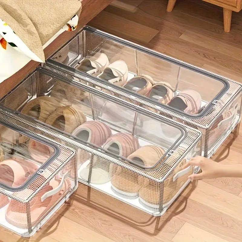 Transparent plastic grid storage box with reinforced handles: waterproof, moisture-proof, suitable for shoes, clothes and toys