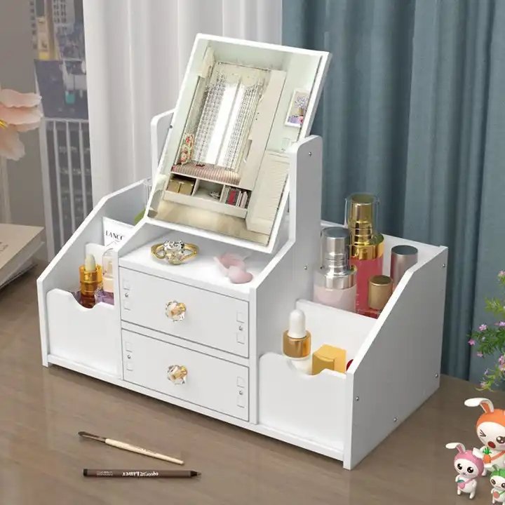 Multifunctional Luxury white round mirror nordic cosmetic storage box makeup organizer with cat ears with Mirror