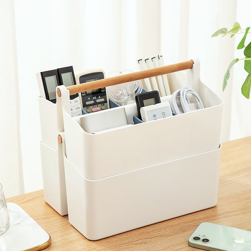Multi-functional Storage Box Stackable Portable Desktop Office Stationary Storage Box Cosmetic Organizer Box With Wooden Handle