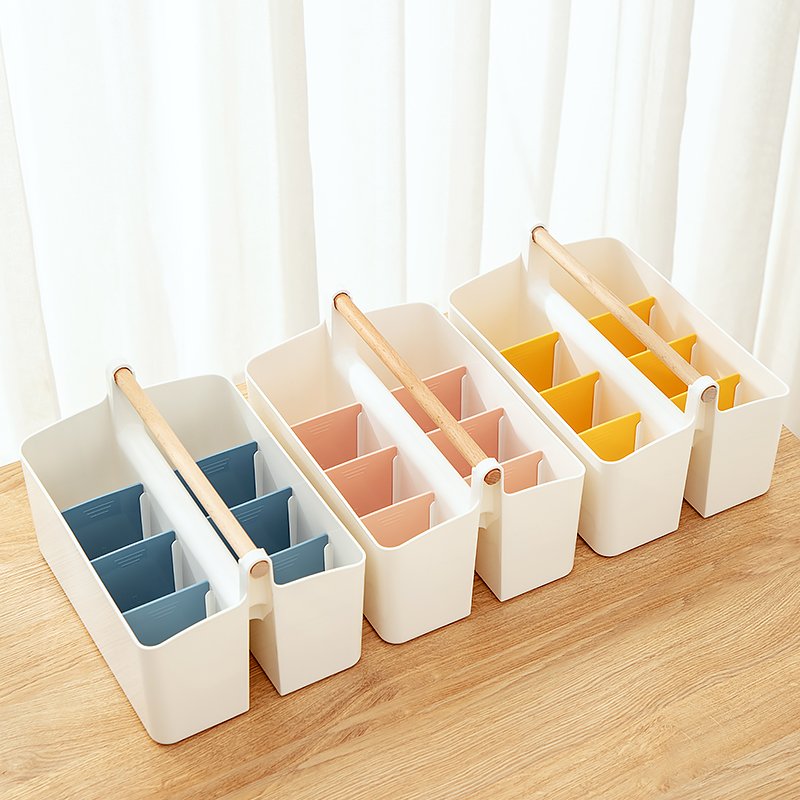 Multi-functional Storage Box Stackable Portable Desktop Office Stationary Storage Box Cosmetic Organizer Box With Wooden Handle