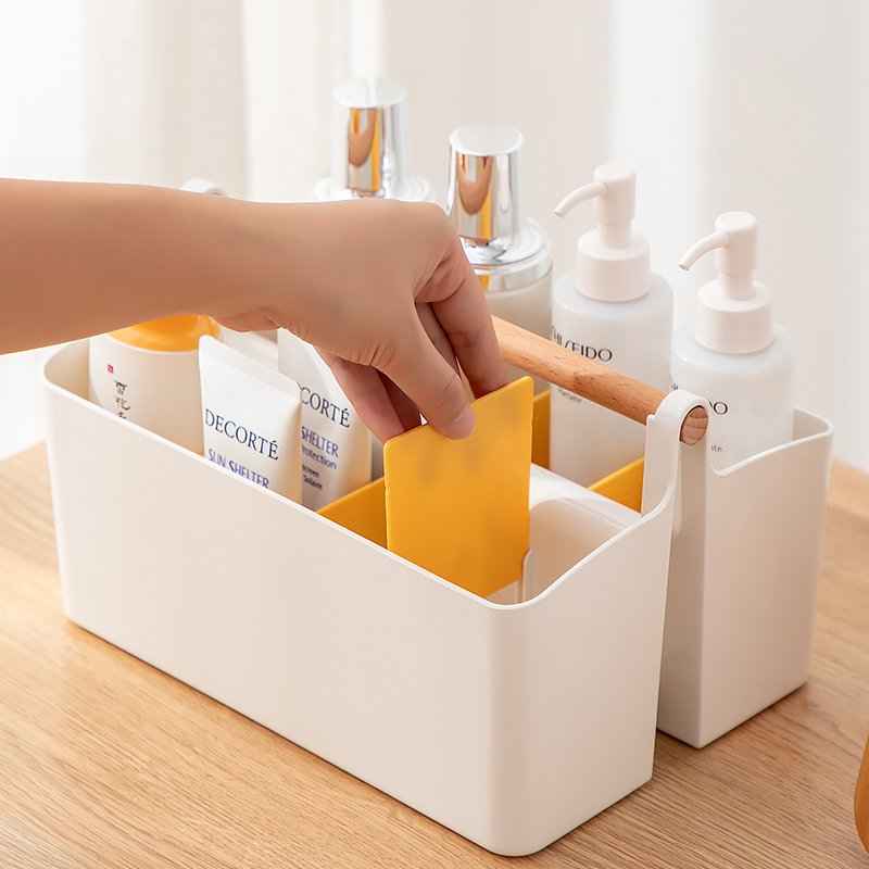 Multi-functional Storage Box Stackable Portable Desktop Office Stationary Storage Box Cosmetic Organizer Box With Wooden Handle