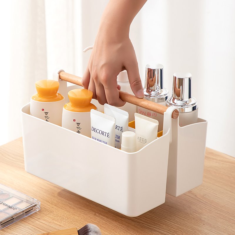 Multi-functional Storage Box Stackable Portable Desktop Office Stationary Storage Box Cosmetic Organizer Box With Wooden Handle
