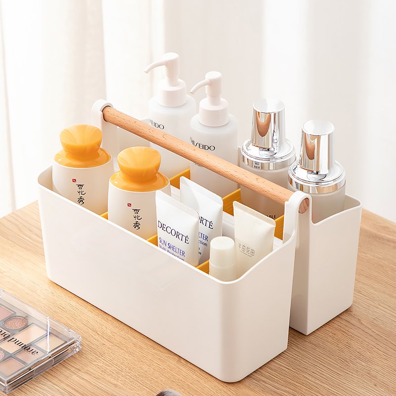 Multi-functional Storage Box Stackable Portable Desktop Office Stationary Storage Box Cosmetic Organizer Box With Wooden Handle