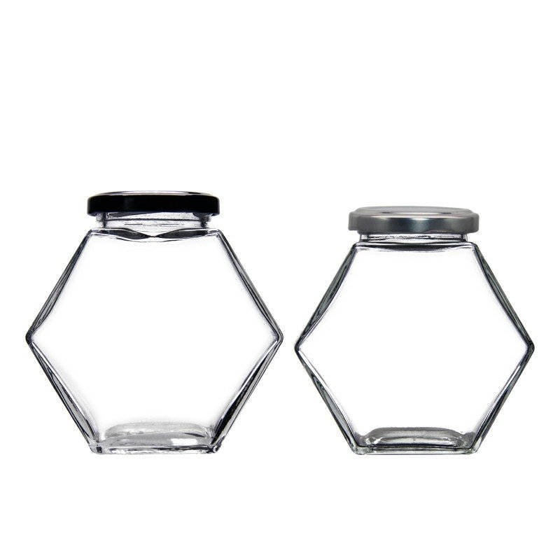 Wholesale Hexagonal Glass Container Storage Honey Bottle Jars For Honey Metal Lid Food Storage Bottle Glass Honey Pot