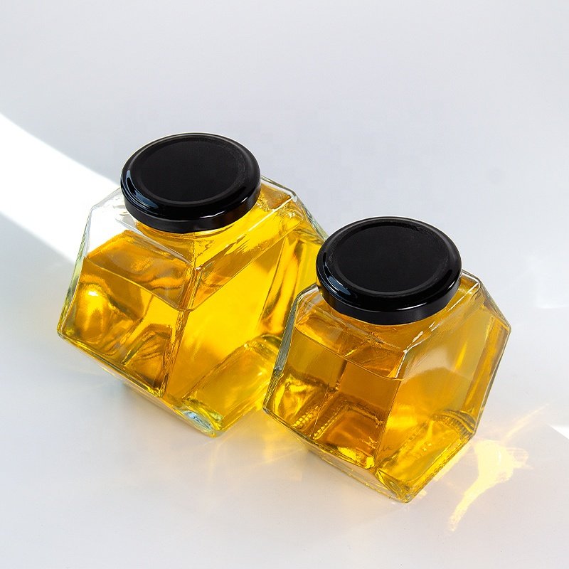 Wholesale Hexagonal Glass Container Storage Honey Bottle Jars For Honey Metal Lid Food Storage Bottle Glass Honey Pot