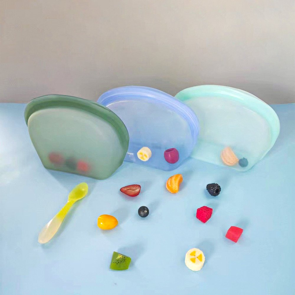 3 Pack Microwave Silicone Food Storage Bag Collapsible Base Large Opening Zip-lock Container Travel Makeup Bag