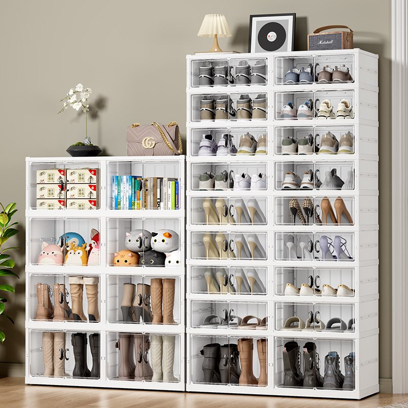 Four row six layers Free installation folding shoe storage box with transparent door around transparent acrylic material