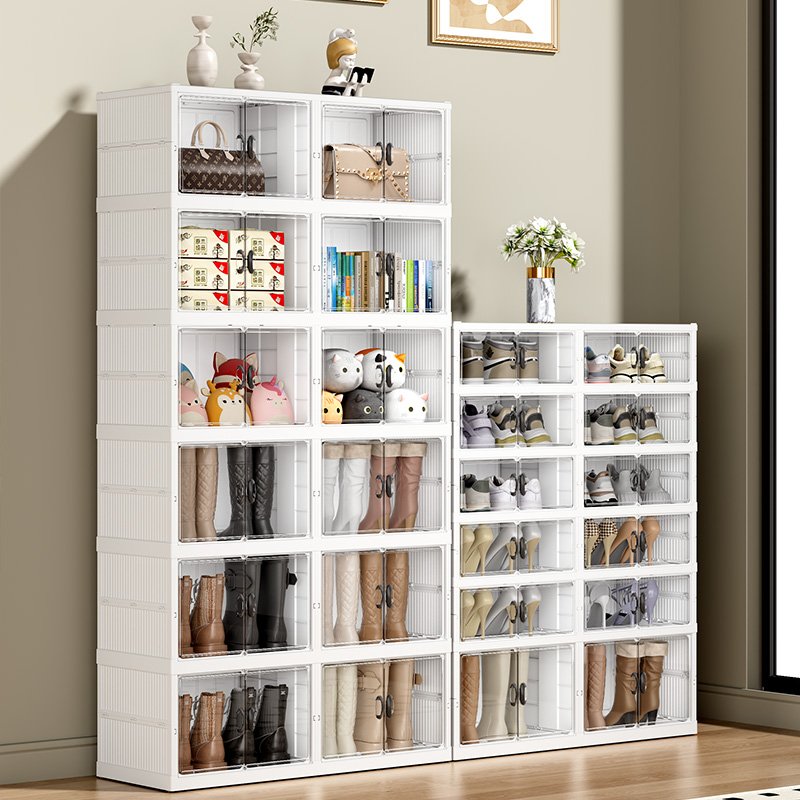 Four row six layers Free installation folding shoe storage box with transparent door around transparent acrylic material