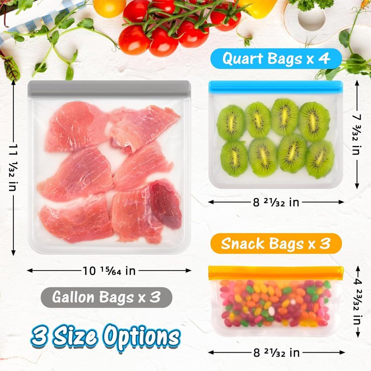 10 Pack Dishwasher Safe Reusable Silicone Reusable Freezer Bags with ZipperLeakproof Reusable PEVA Food Storage Bags