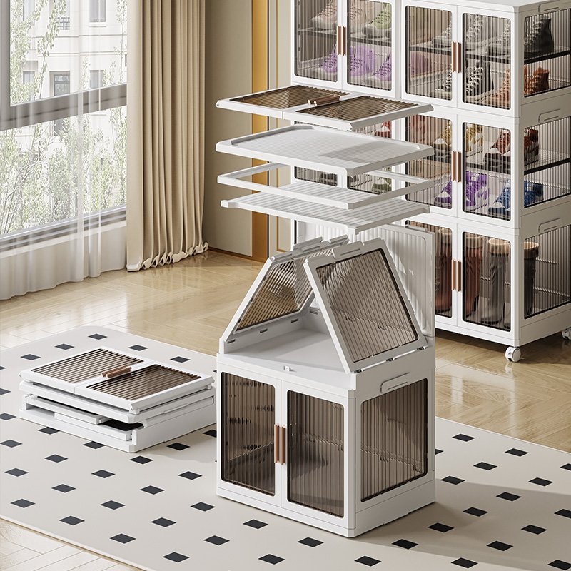 Stackable Shoe Cabinet Closet Pantry Organizer wheels Plastic Storage Bins with Lids Foldable Box Collapsible Container