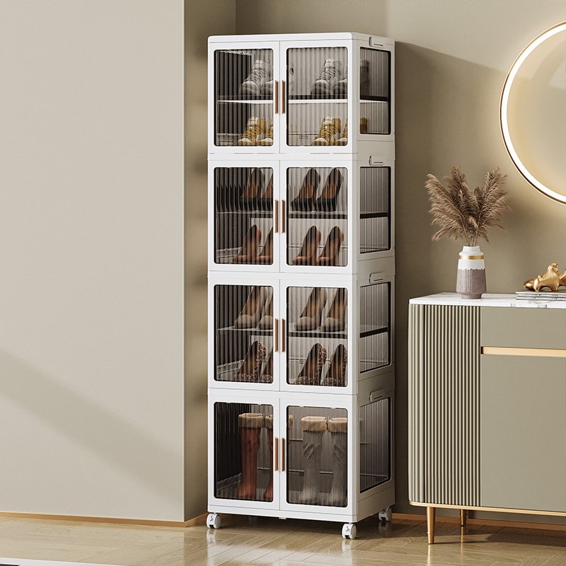 Stackable Shoe Cabinet Closet Pantry Organizer wheels Plastic Storage Bins with Lids Foldable Box Collapsible Container