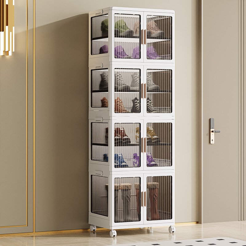 Stackable Shoe Cabinet Closet Pantry Organizer wheels Plastic Storage Bins with Lids Foldable Box Collapsible Container