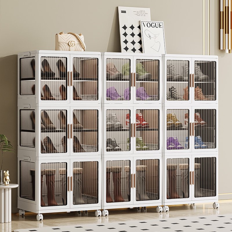 Stackable Shoe Cabinet Closet Pantry Organizer wheels Plastic Storage Bins with Lids Foldable Box Collapsible Container