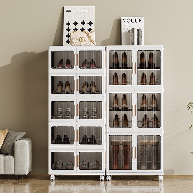 Stackable Shoe Cabinet Closet Pantry Organizer wheels Plastic Storage Bins with Lids Foldable Box Collapsible Container