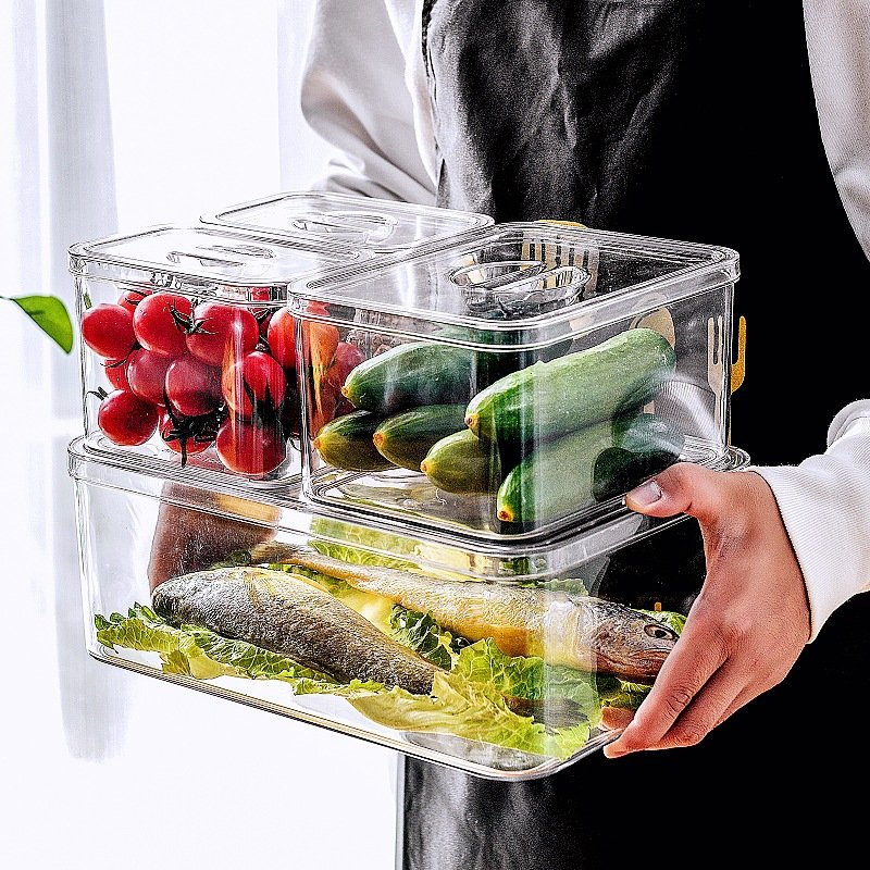 Multipurpose PET Plastic Clear Refrigerator Fridge Drawer Bins Food Storage Organizer Container Box with Cover