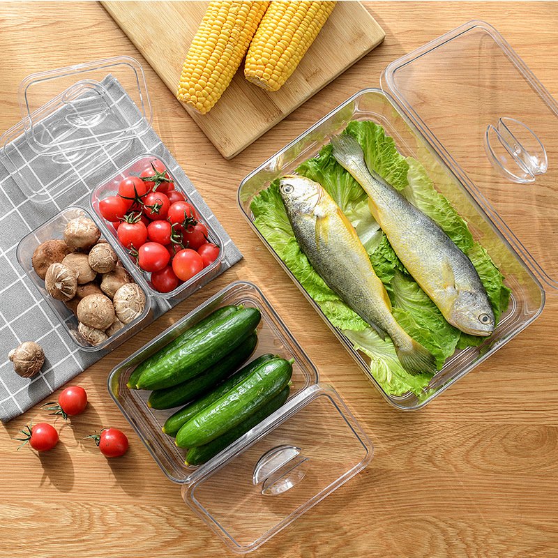 Multipurpose PET Plastic Clear Refrigerator Fridge Drawer Bins Food Storage Organizer Container Box with Cover