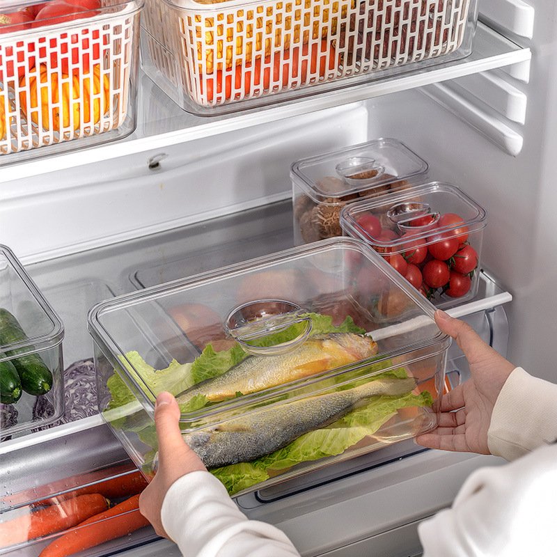 Multipurpose PET Plastic Clear Refrigerator Fridge Drawer Bins Food Storage Organizer Container Box with Cover