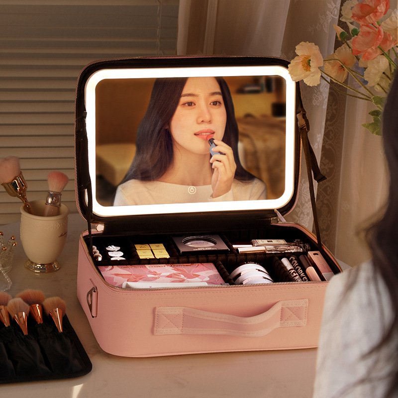 Touch Sensor Mirror Table Make Up Bag Multifunctional Cosmetic Makeup Organizer Jewelry Storage Box With Led Light Mirror