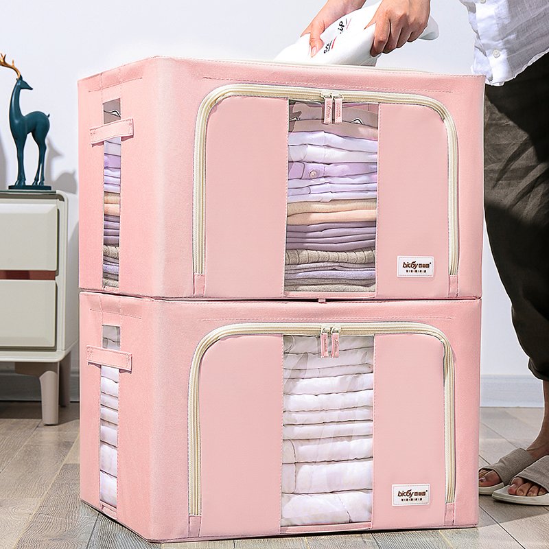 Large Oxford Cloth Steel Frame Storage Box Waterproof Durable 2 Zippes 3 Clear Windows stackable foldable storage box