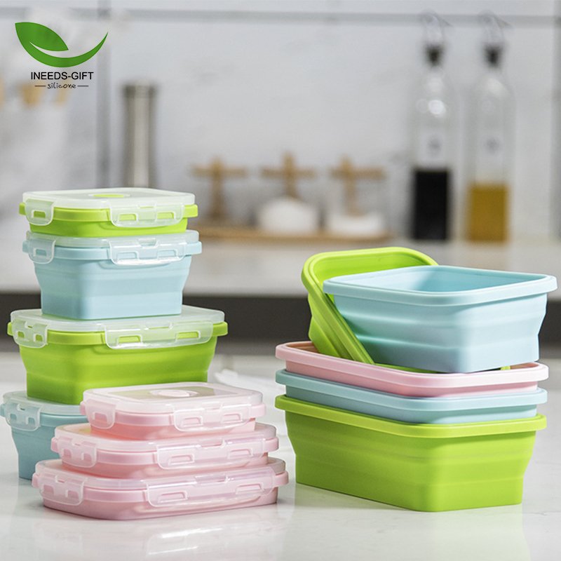 Custom Set of 4 Collapsible Food Storage Containers With Lids,Collapsible Bowls for Camping,Silicone Lunch Box Food Containers