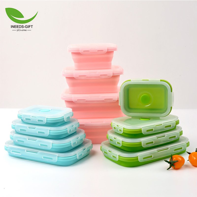 Custom Set of 4 Collapsible Food Storage Containers With Lids,Collapsible Bowls for Camping,Silicone Lunch Box Food Containers