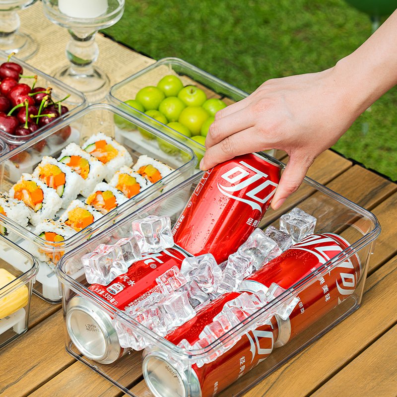 Multifunctional Food Container Cool-keeping Food Storage Box Picnic Camping Fruit Drink Storage Box with Ice Tray Drain Board