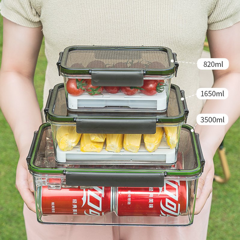 Multifunctional Food Container Cool-keeping Food Storage Box Picnic Camping Fruit Drink Storage Box with Ice Tray Drain Board