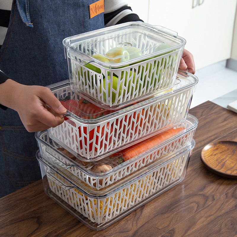 Food Storage Containers Fridge Produce Saver Refrigerator Organizer Keeper with Removable Drain Basket for Fruits and Vegetables