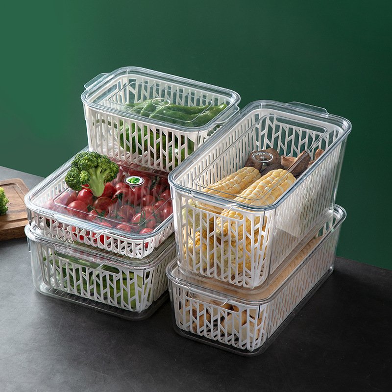 Food Storage Containers Fridge Produce Saver Refrigerator Organizer Keeper with Removable Drain Basket for Fruits and Vegetables