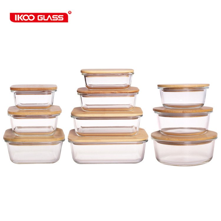 Bowls dinnerware type and clear glass lunch box food storage container crisper box with flat bamboo lid