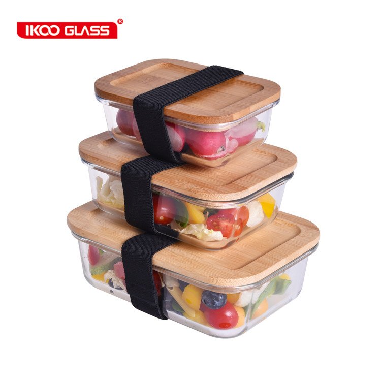Bowls dinnerware type and clear glass lunch box food storage container crisper box with flat bamboo lid