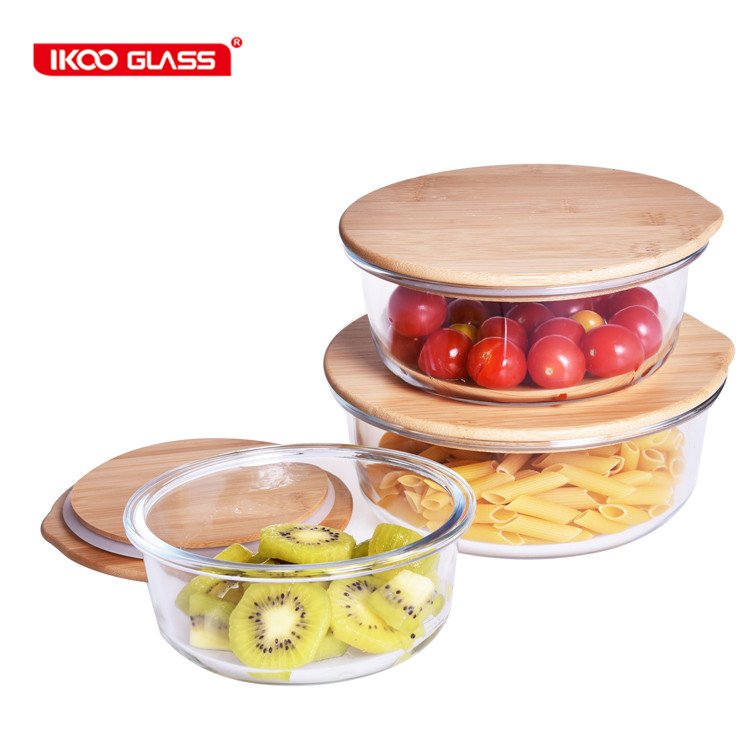 Bowls dinnerware type and clear glass lunch box food storage container crisper box with flat bamboo lid