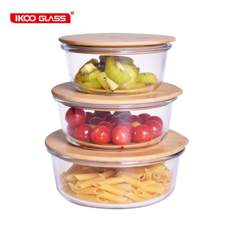 Bowls dinnerware type and clear glass lunch box food storage container crisper box with flat bamboo lid