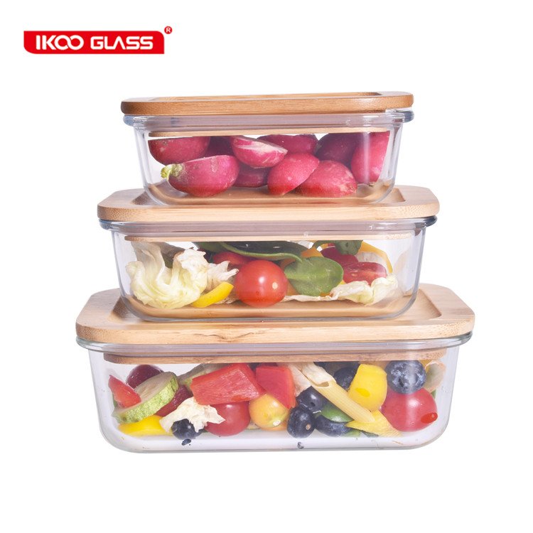 Bowls dinnerware type and clear glass lunch box food storage container crisper box with flat bamboo lid