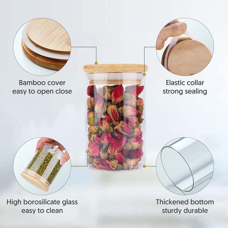 Top Seller 8oz 14oz Food Storage High Borosilicate Airtight Glass Jar With Bamboo Wooden Lid