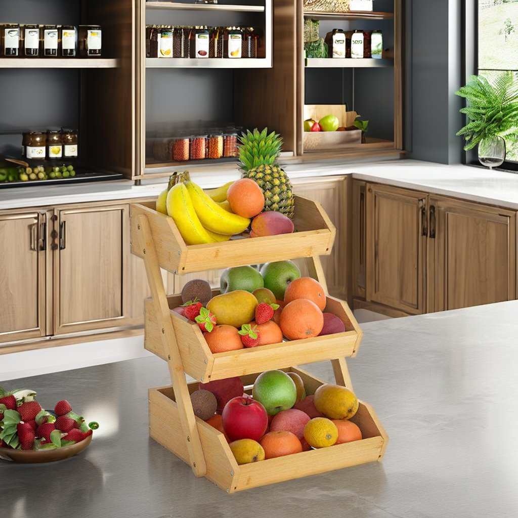 Wholesale Large 3-Tier Bamboo Fruit Basket Bowl for Kitchen Countertop Vegetable Wood Food Basket Storage